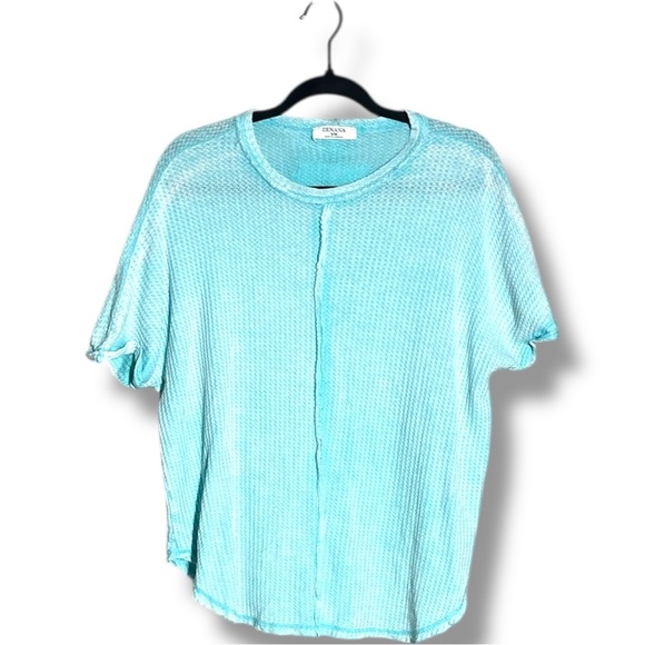 Zenana Women's Small/Medium Aqua Blue Knit Short Sleeve Distressed Crewneck Top - Picture 13 of 16